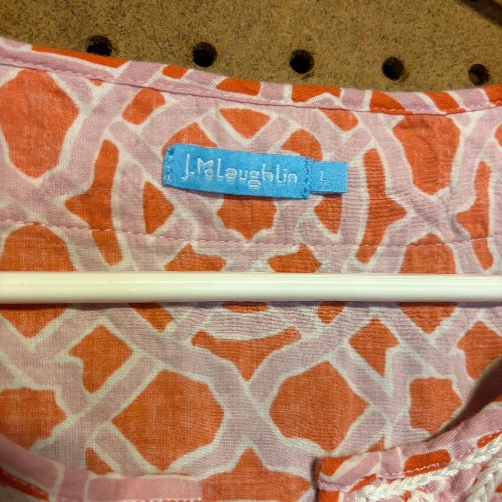 J.McLaughlin Shift Dress L Orange Geometric Lattice Embroidered Preppy Coastal